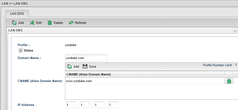 a screenshot of Vigor3900 LAN DNS settings